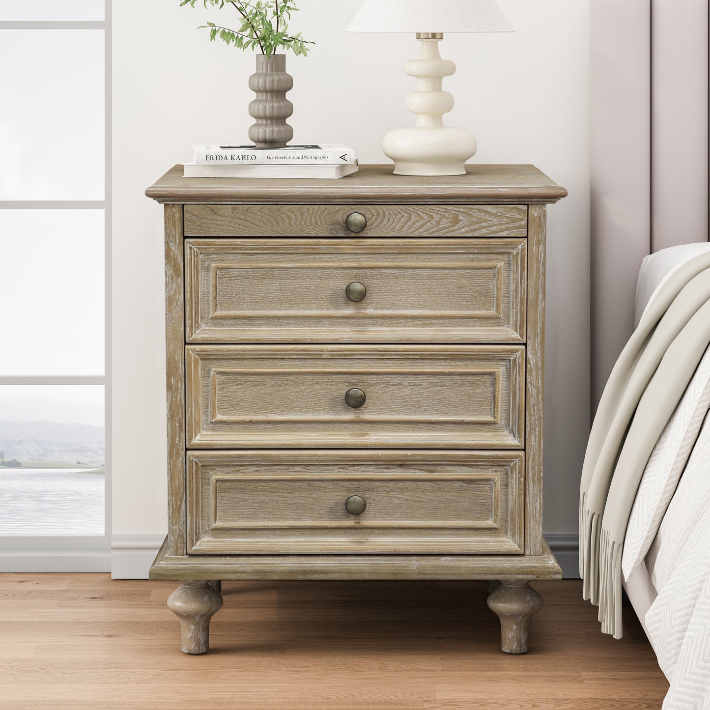Farmhouse Nightstands with 4 Drawer,Wood Storage End Table with Hidden Pull-Out Shelf, Large Side Table with 4 Solid Wood Feet and Metal Handle,Easy Assembly,Natural image 2