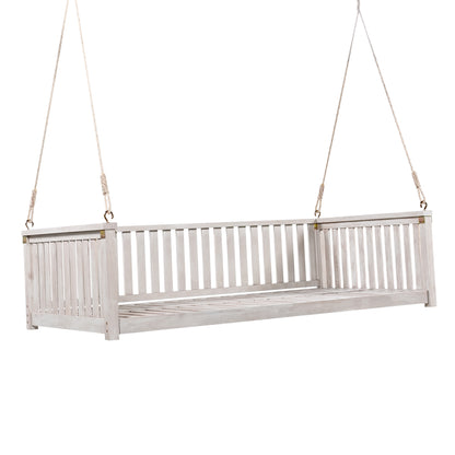 TOPMAX Patio Minimalist Twin Size Garden Swing Bed Wood Porch Swing with Ropes for Backyard, Safe Sloped Design, White image 11
