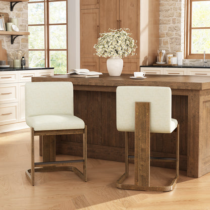 Modern Bar Stools Set of 2, 24" Solid Wood Counter Height Barstools, Linen Upholstered Kitchen Island Chair With Walnut-Finished Wood Legs for Home Bar Coffee Shop,Beige image 2