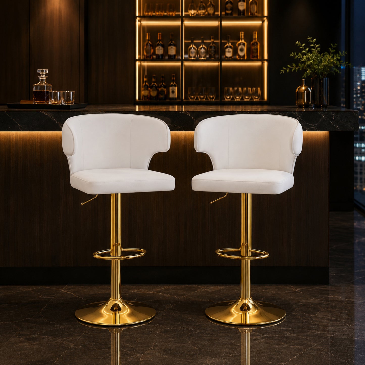 Modern rotating adjustable bar chair, PU leather belt backrest swivel chair, suitable for kitchen bar counter and dining room, adjustable height, capable of bearing 300 pounds (white -2 pieces) image 1