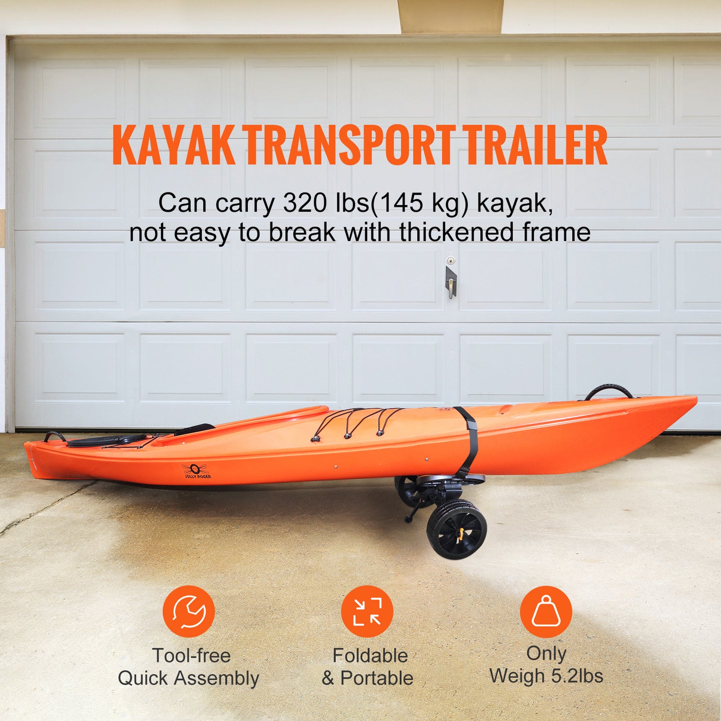 Heavy Duty Kayak Cart, 320lbs Load Capacity, Detachable Canoe Trolley Cart with 10'' Solid Tires, Adjustable Brackets & Nonslip Support Foot, for Kayaks Canoes Paddleboards Float Mats Jon Boats image 8