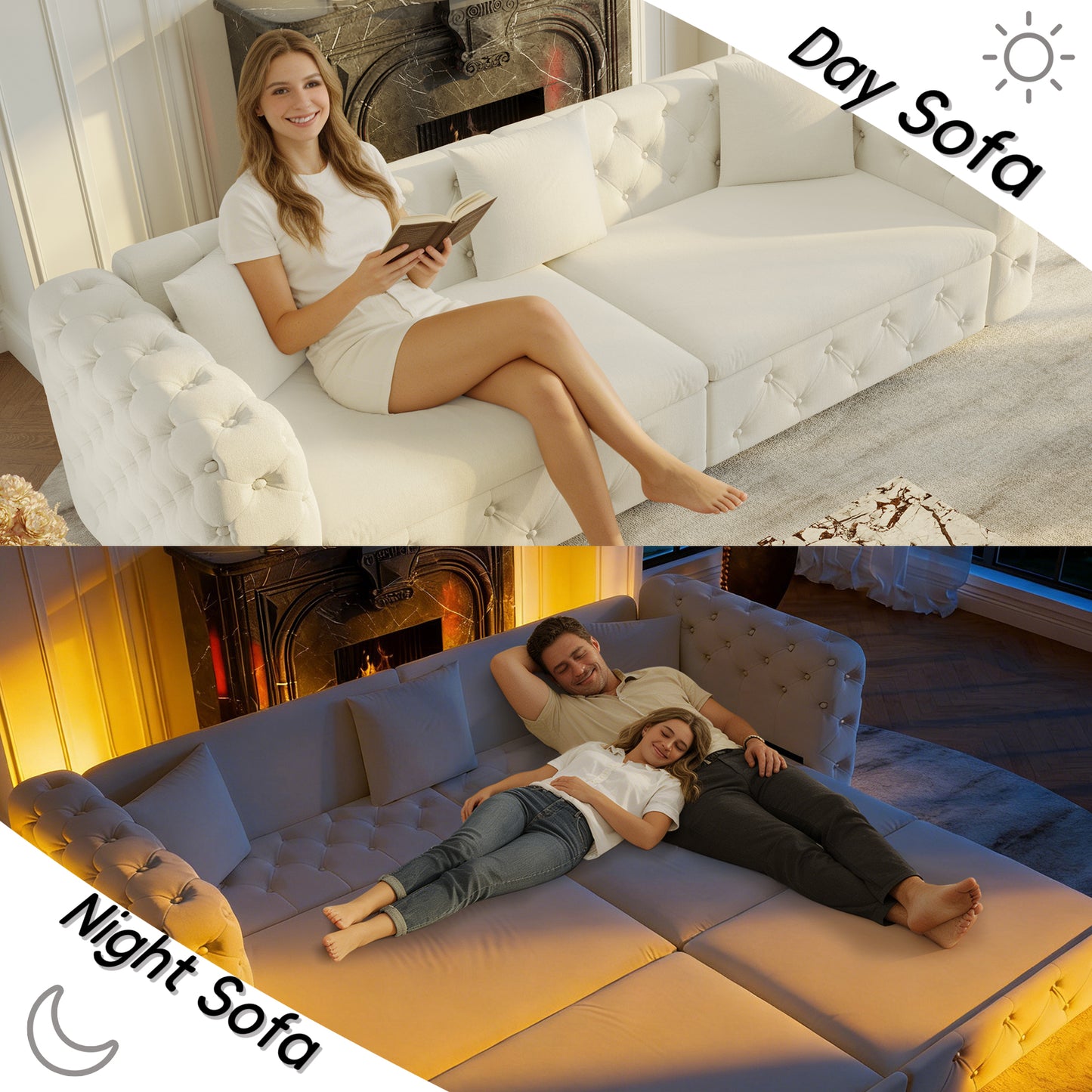 89" Extra Large Multifunctional Sofa Bed, 3-in-1 Pull Out Sofa, 4-Seater Classic Velvet Sofa with Tufted Design, Includes 3 Throw Pillows, Suitable for Apartments and Living Rooms, Beige&White image 6