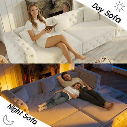 89" Extra Large Multifunctional Sofa Bed, 3-in-1 Pull Out Sofa, 4-Seater Classic Velvet Sofa with Tufted Design, Includes 3 Throw Pillows, Suitable for Apartments and Living Rooms, Beige&White image 6