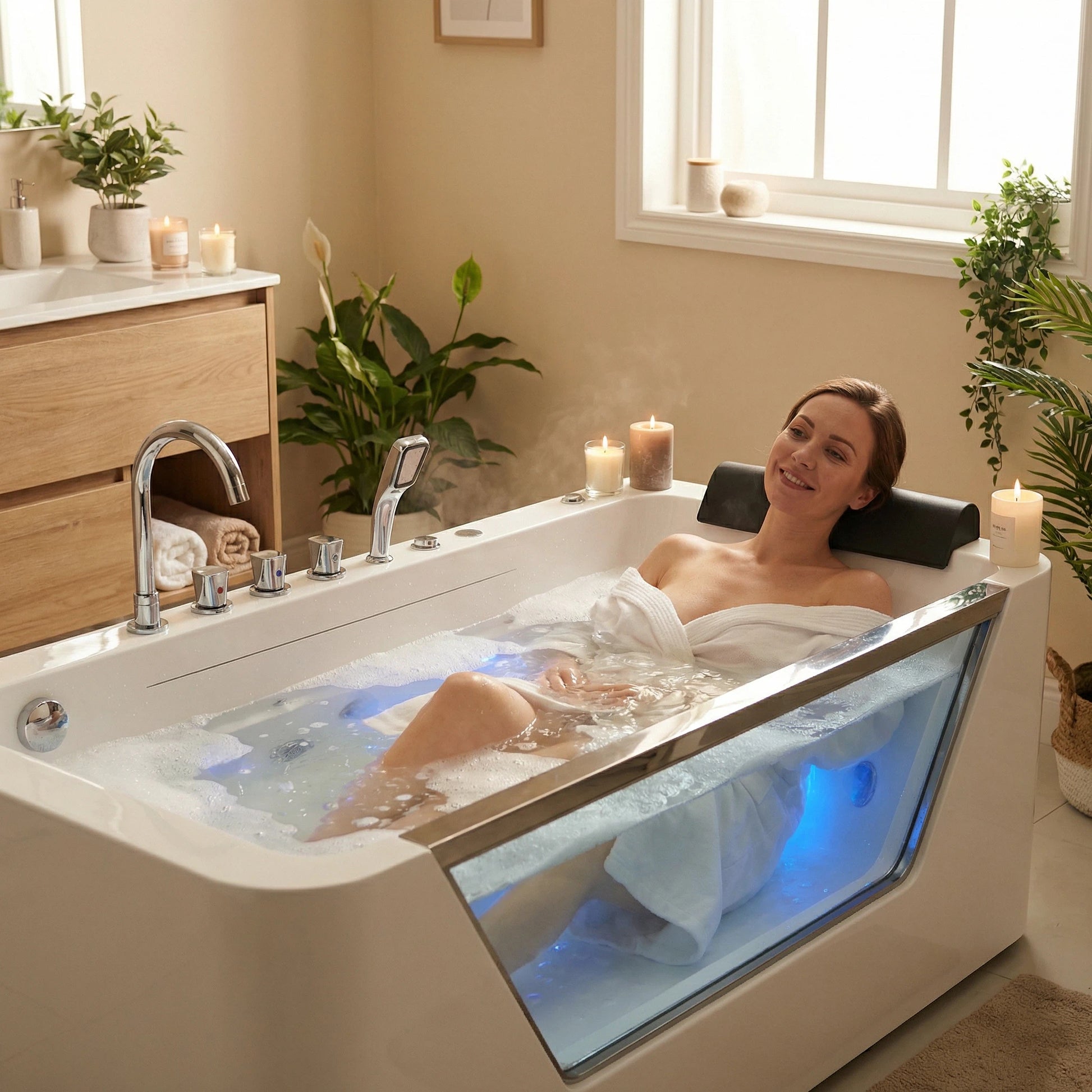67" Whirlpool Bathtub,Hydrotherapy Jetted Bathtub with Glass Panel, 7 Jets,3-Side Apron,89 Gallons,White image 2