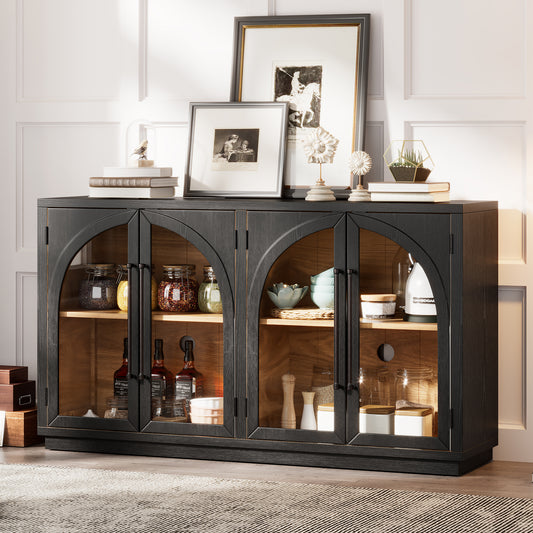 TREXM 4-Door Large Storage Sideboard Buffet Cabinet with Glass Doors, Arched Cabinet with Adjustable Shelves for Kitchen, Dining Room and Living Room (Black) image 1