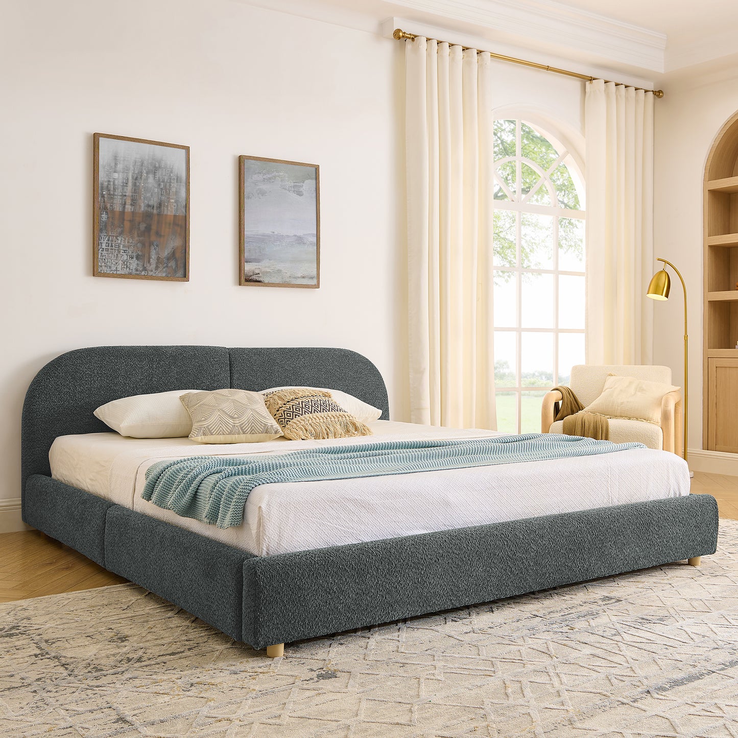King Size Upholstered Bed Frame Modern Minimalist Style - Circle Yarn Fabric, Tall Curved Headboard, Sturdy Leg Support & Wheeled Drawer Storage, Mattress Not Included - Dark Gray image 2