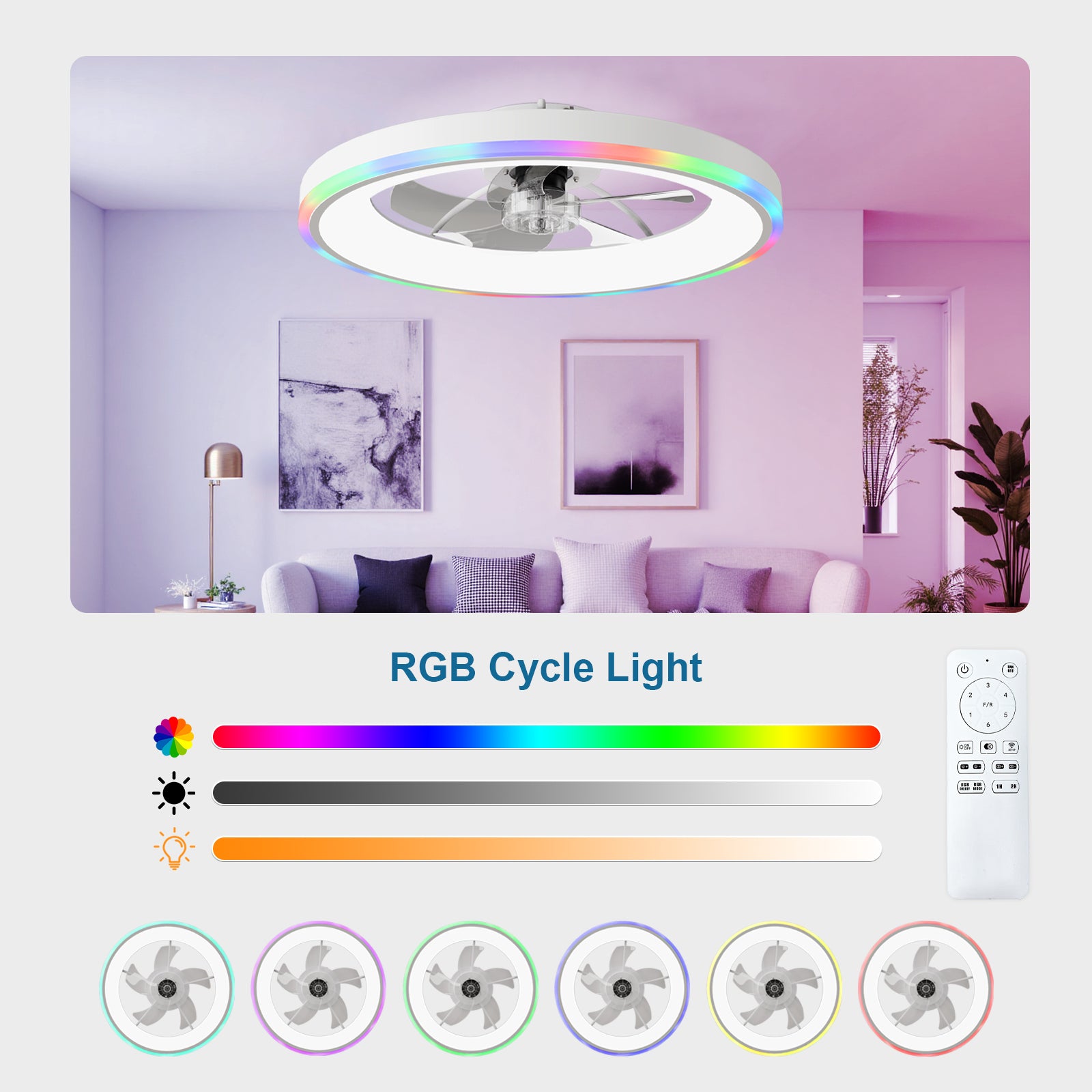 23.6" Modern RGB Ceiling Fan with Lights, Flush Mount Low Profile Fan with Remote & APP, 6-Speed Reversible Silent DC Motor, Dimmable 3000-6500K LED for Bedroom, White image 5