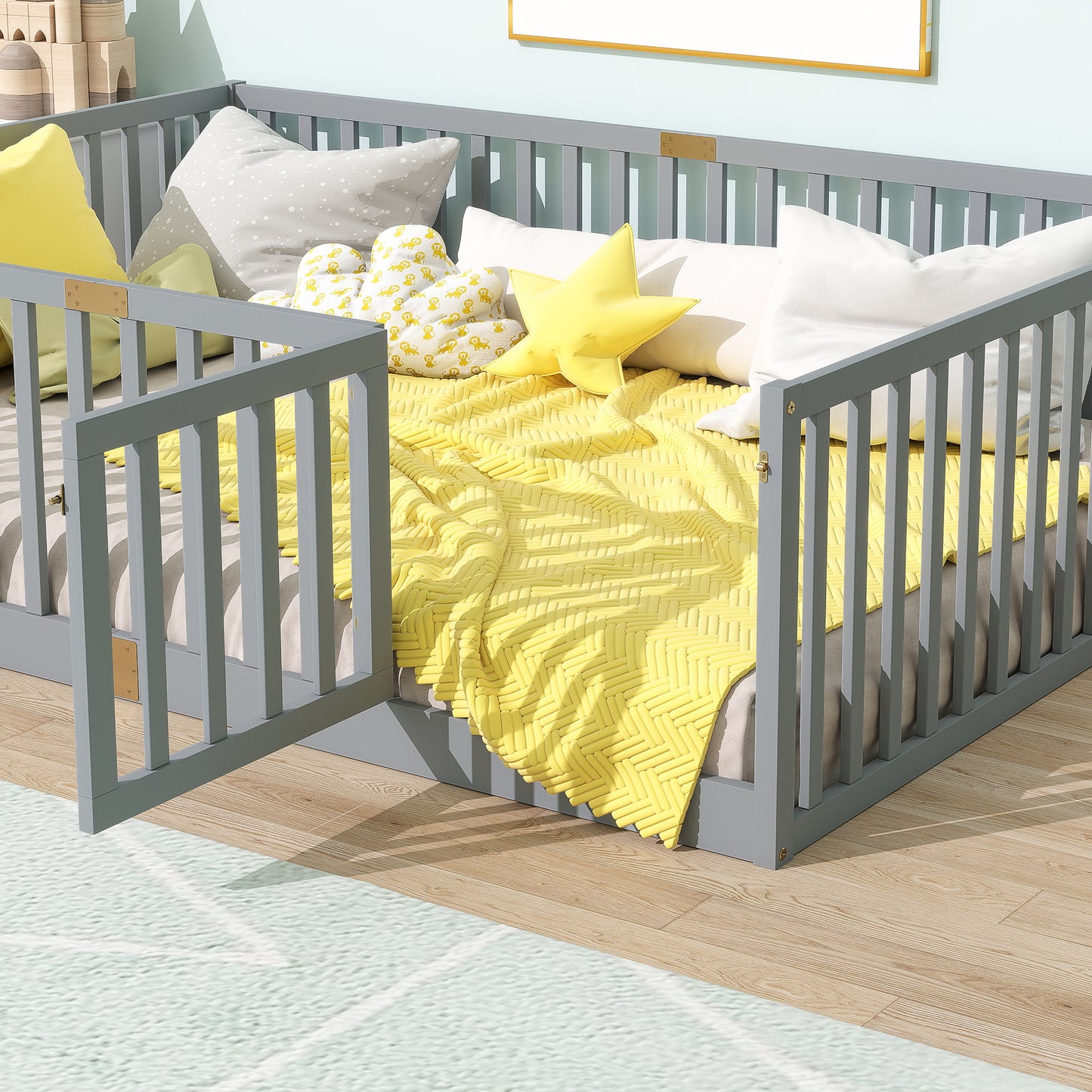 Full Size Floor Bed with High Fence Railings, with Door,6 Slats Included, Rubber Wood Floor Bed with Safety Guardrails,Grey image 4