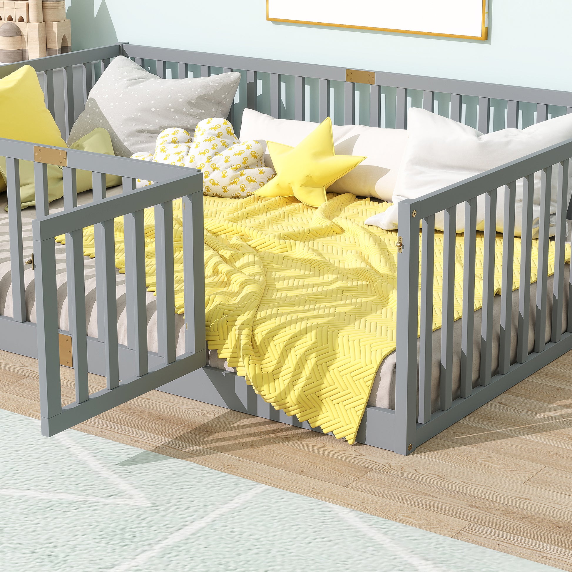 Full Size Floor Bed with High Fence Railings, with Door,6 Slats Included, Rubber Wood Floor Bed with Safety Guardrails,Grey image 4