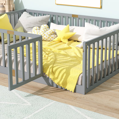 Full Size Floor Bed with High Fence Railings, with Door,6 Slats Included, Rubber Wood Floor Bed with Safety Guardrails,Grey image 4
