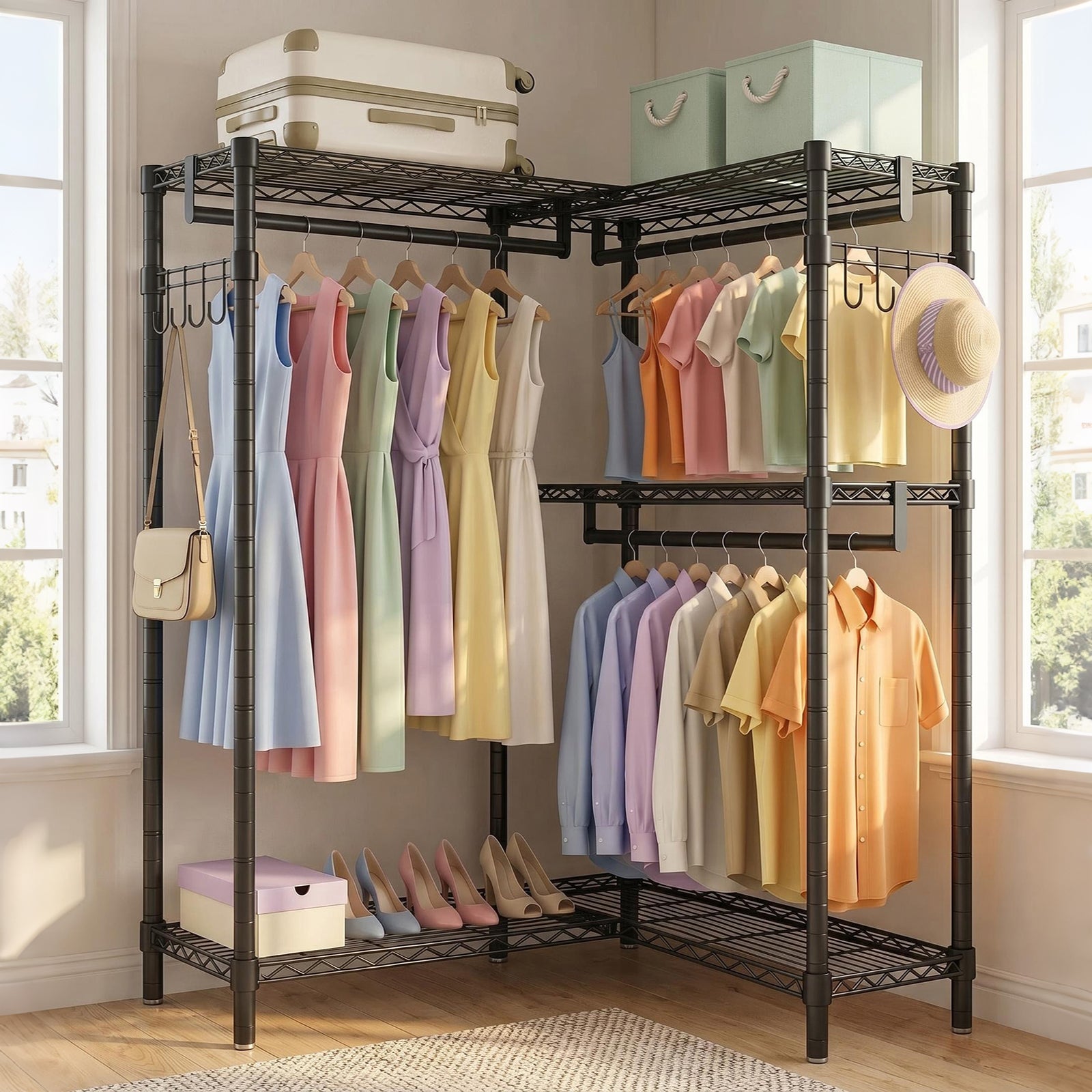 Garment Rack L Shaped Clothes Rack for Corner, Heavy Duty Clothes Rack with 3 Hanging Rods & 2 Side Hooks, Freestanding Clothing Racks for Hanging Clothes, 58.27''Wx 17.13''D*76.38''H, Black image 5