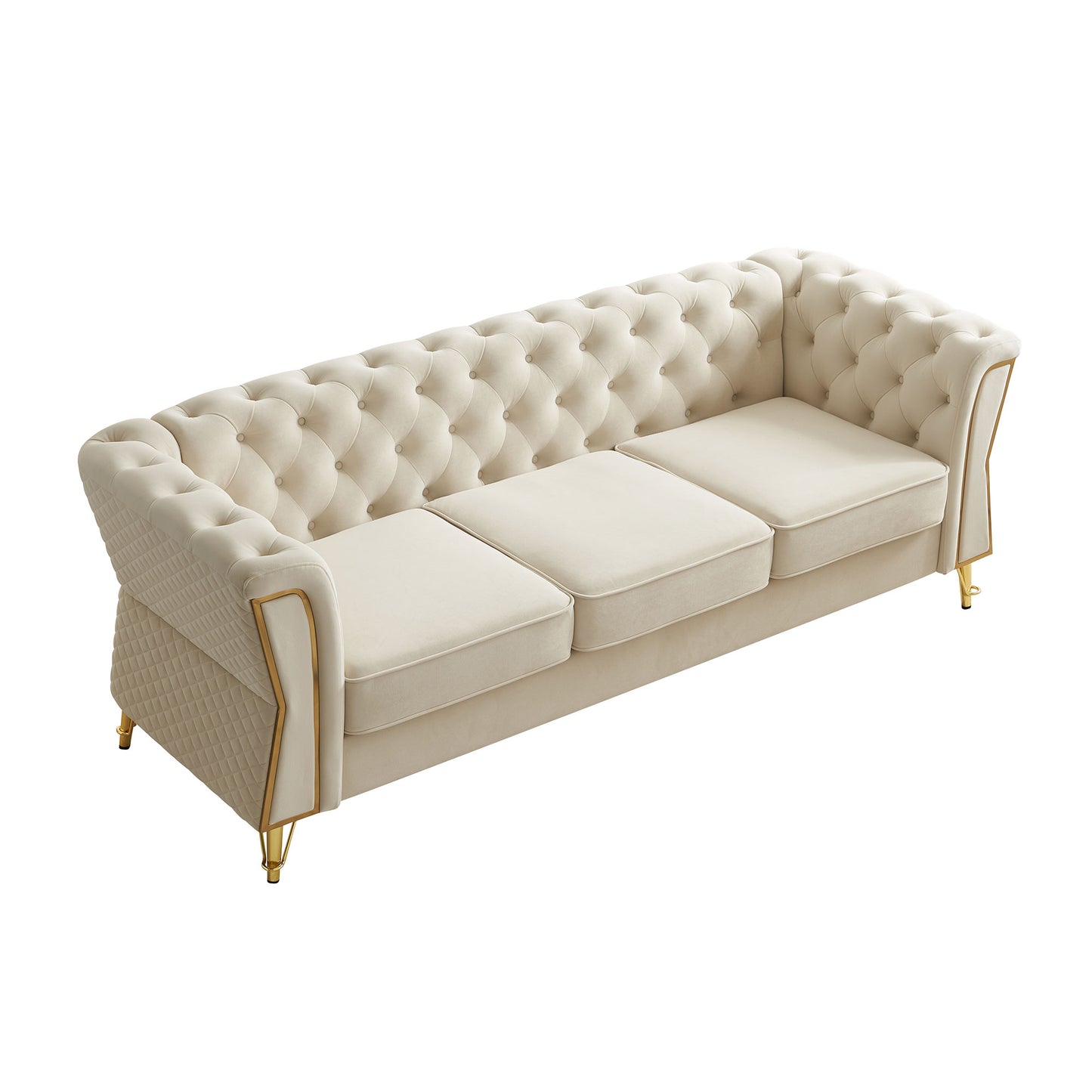 Modern Tufted Velvet Sofa 87.4 inch for Living Room Beige Color image 3