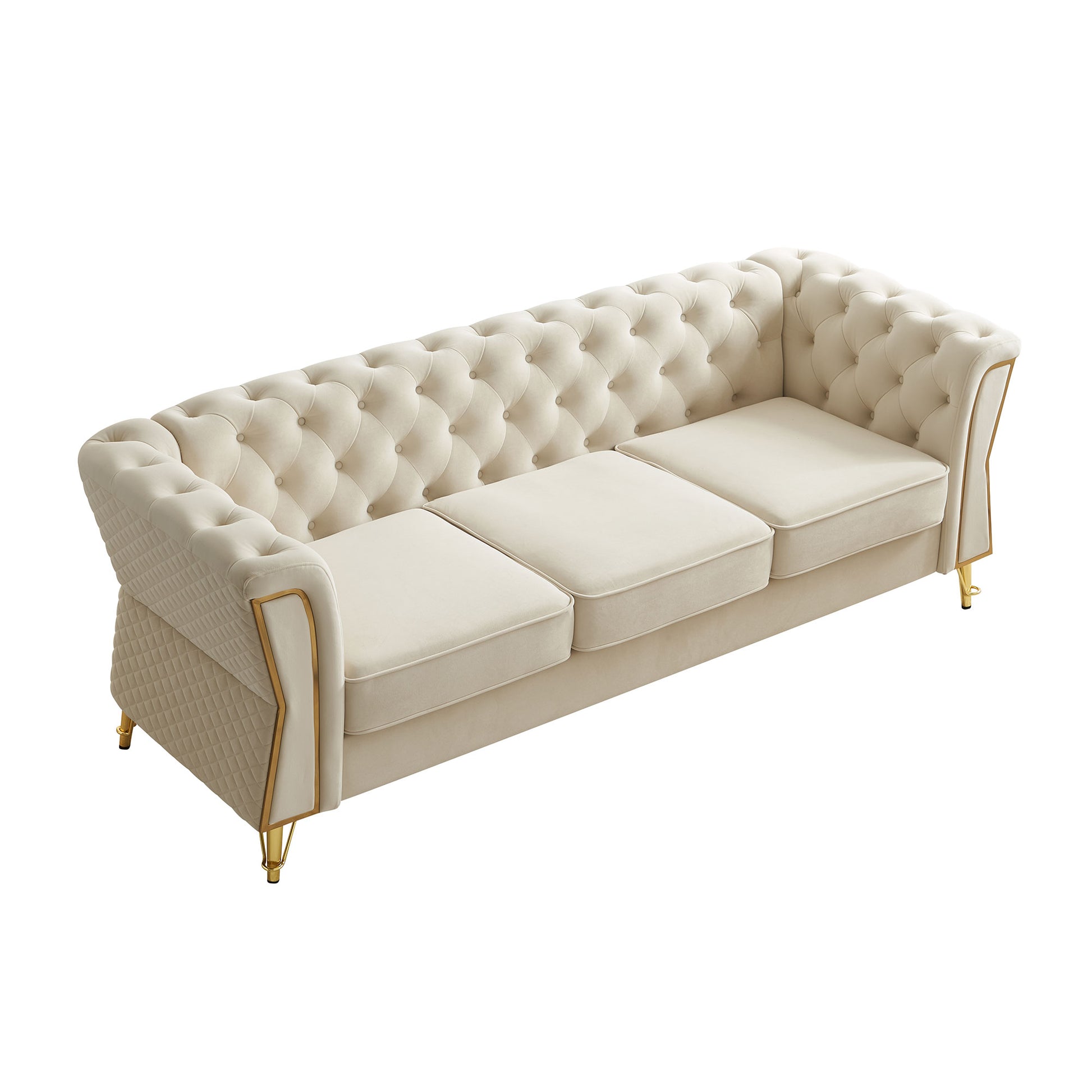 Modern Tufted Velvet Sofa 87.4 inch for Living Room Beige Color image 3