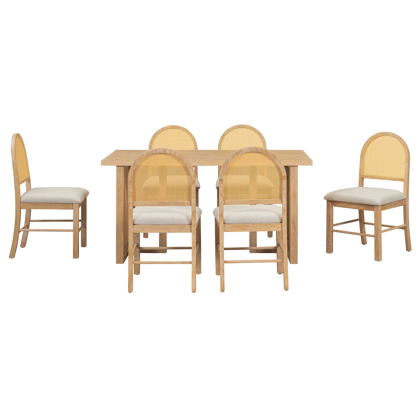 TREXM 7-Piece Farmhouse Dining Table Set for 6 - 59.8" Rectangular Dining Table with Distressed Oak Veneer and 6 Rattan Chairs, Rustic Kitchen Furniture for Dining Room(Natural) image 4