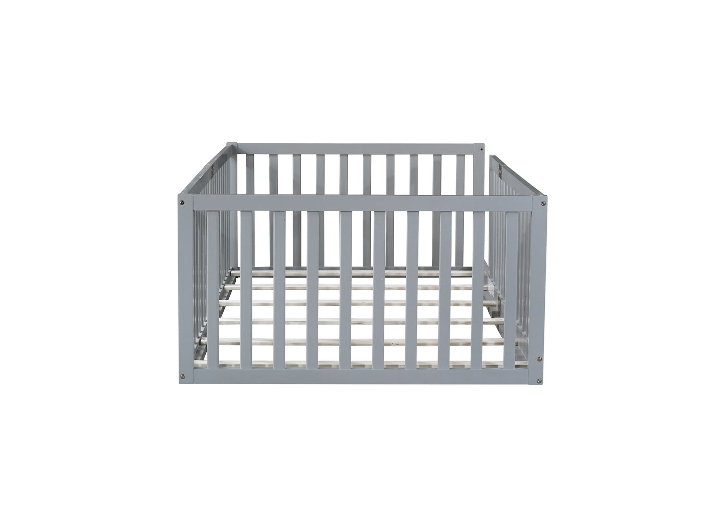 Twin Size Floor Bed with High Fence Railings, 6 Slats Included, Rubber Wood Floor Bed with Safety Guardrails, without Door,Grey image 10
