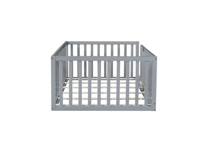 Twin Size Floor Bed with High Fence Railings, 6 Slats Included, Rubber Wood Floor Bed with Safety Guardrails, without Door,Grey image 10