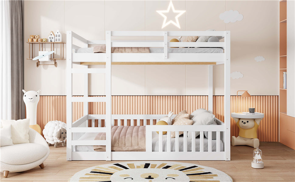 Full over Full Wood Bunk Bed with Ladder and Guardrails, White image 6