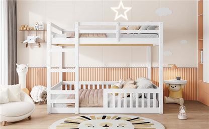 Full over Full Wood Bunk Bed with Ladder and Guardrails, White image 6
