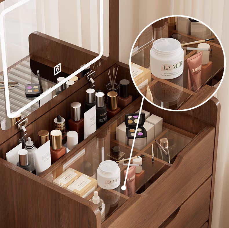 (48cm)(Walnut) 3 in 1 Vanity Desk with Plip Top Mirror,Small Make Up Vanity Set with Visible Glass Desktop, Compact Makeup Vanity with 3 Drawers, Dressing Table image 8