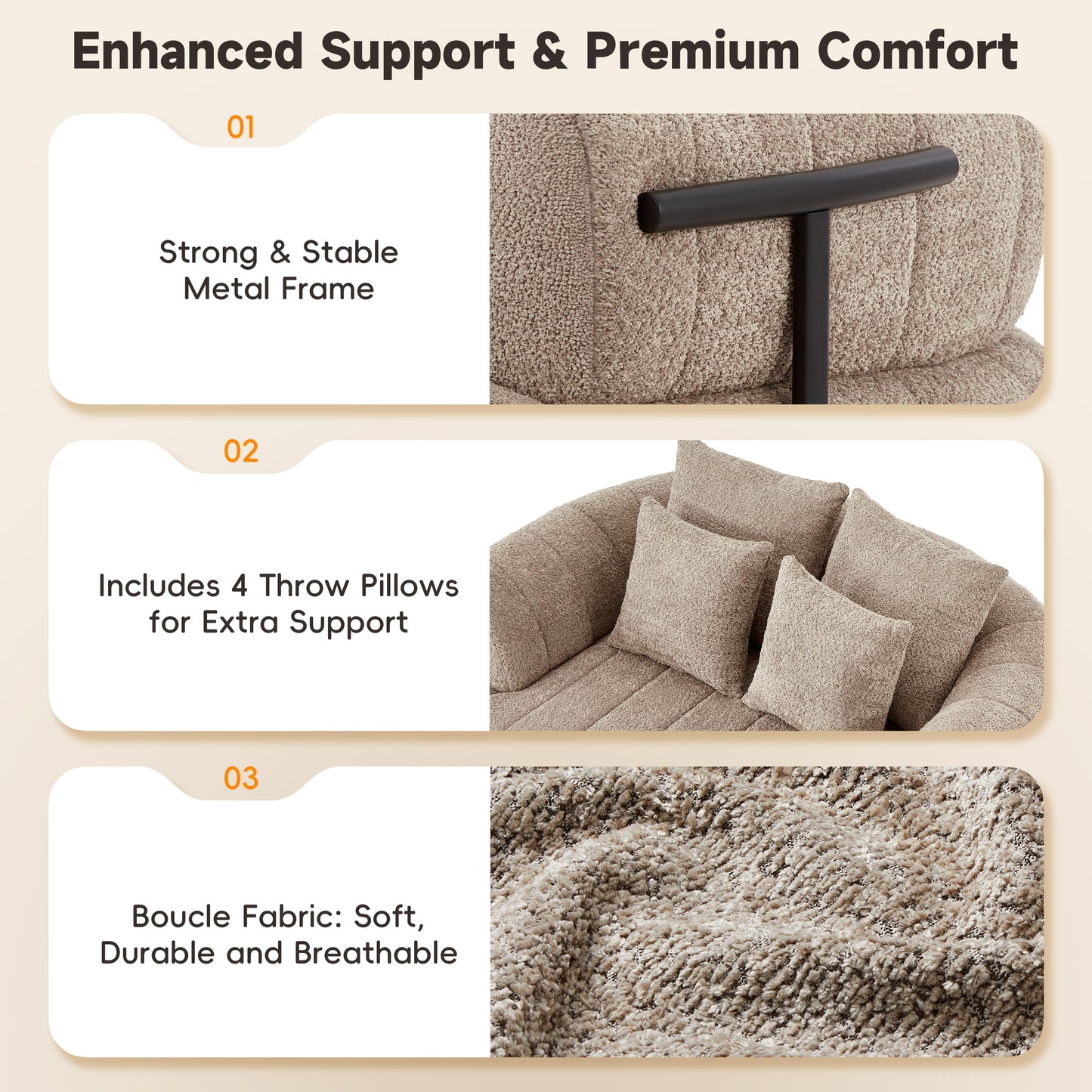 64" Oversized Boneless Chair Chaise Lounge Indoor with Metal Support, Upholstered Boucle Deep Seat Single Cloud Sofa Chair, Cozy Comfy Sofa Bed for Living Room & Bedroom image 11