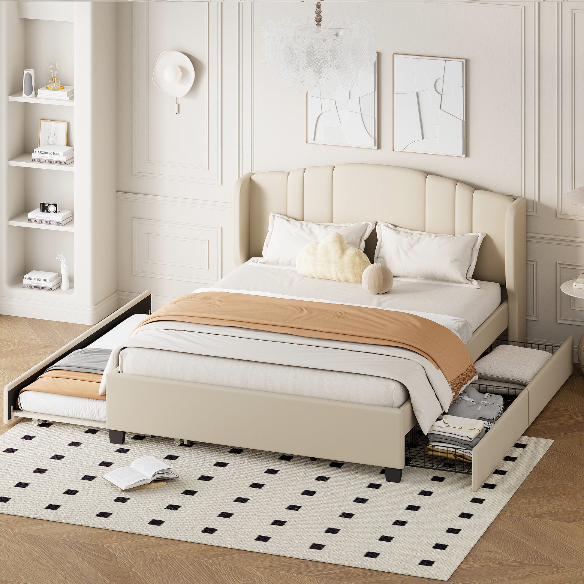 Upholstered Platform Bed with Wingback Headboard, One Twin Trundle and 2 Drawers, No Box Spring Needed, Linen Fabric, Queen Size, Beige image 1