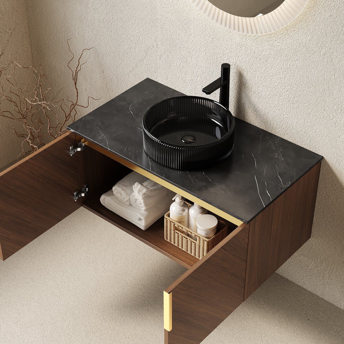 ARAI 36" Bathroom Vanity&Sink, Modern Wall-Mounted Plywood Bathroom Storage Cabinet with Double Doors, Transparent Black Round Glass Basin & Black Sintered Stone Countertop, Brown Oak Woodgrain Color image 2