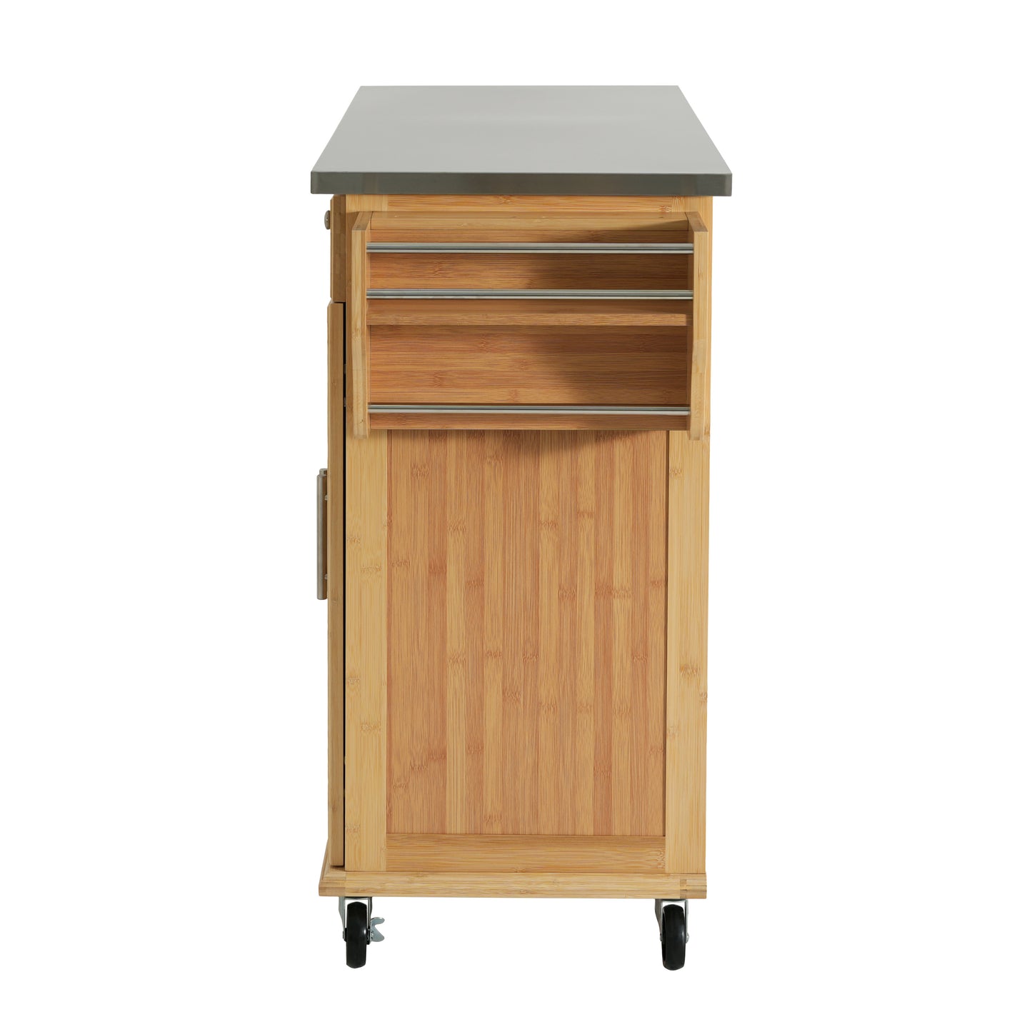 Indoor Bamboo Rolling Kitchen Island with Stainless Steel Top – Mobile Cart with Drawers, Cabinet & Towel Rack for Dining & Bar image 12