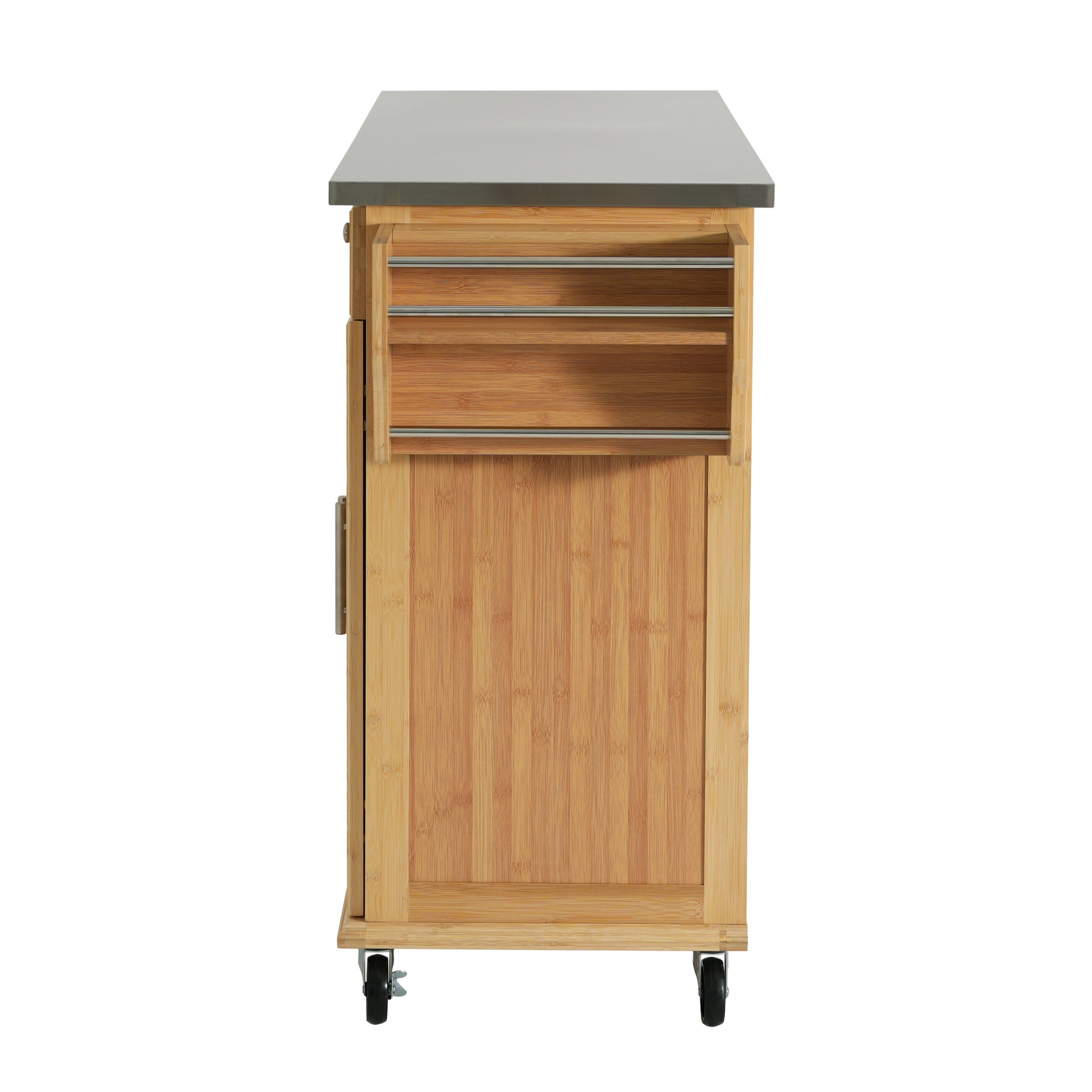 Indoor Bamboo Rolling Kitchen Island with Stainless Steel Top – Mobile Cart with Drawers, Cabinet & Towel Rack for Dining & Bar image 12