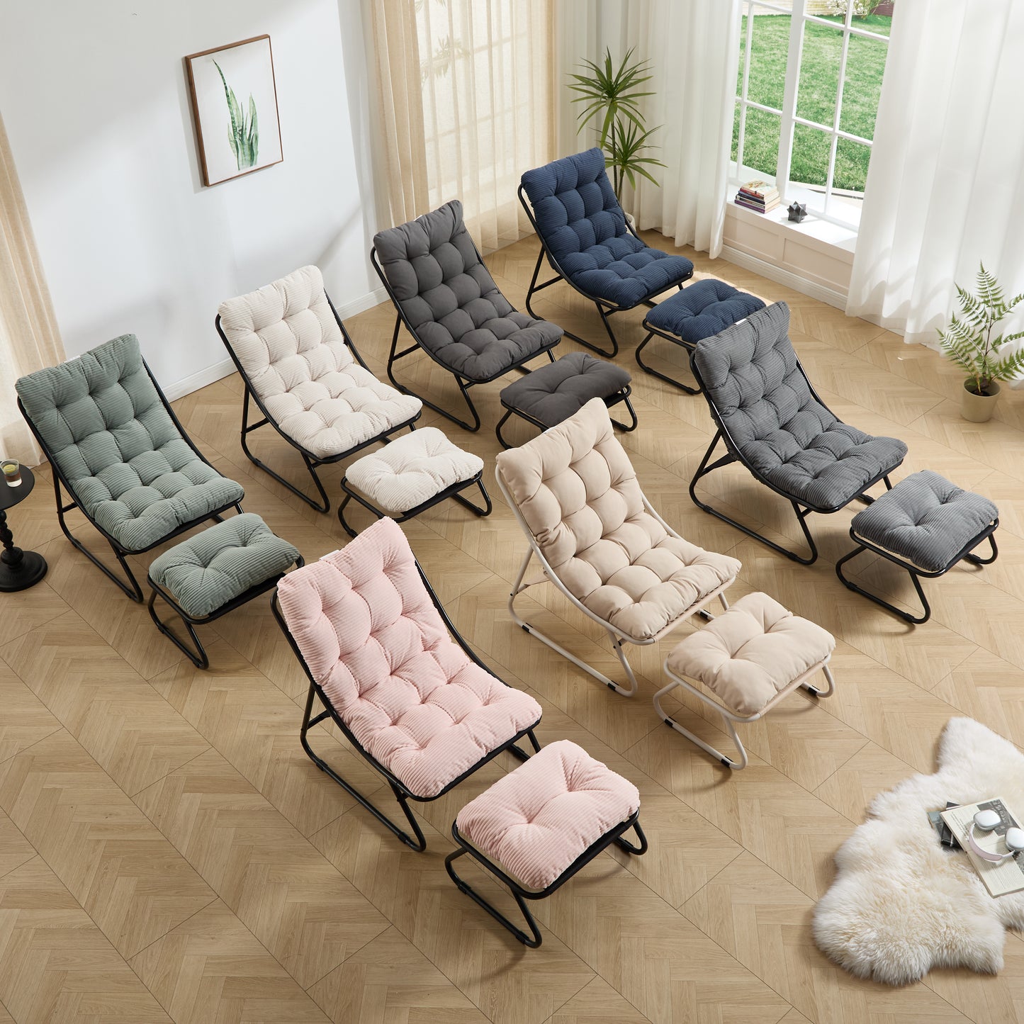 Patio Outdoor Lounge Chair with Ottoman, Comfy Sling Recliner Chair with Puffy Cushion and Foot Stool, Ideal for Living Room, Bedroom, Reading Room, Black frame with grey cushion image 7