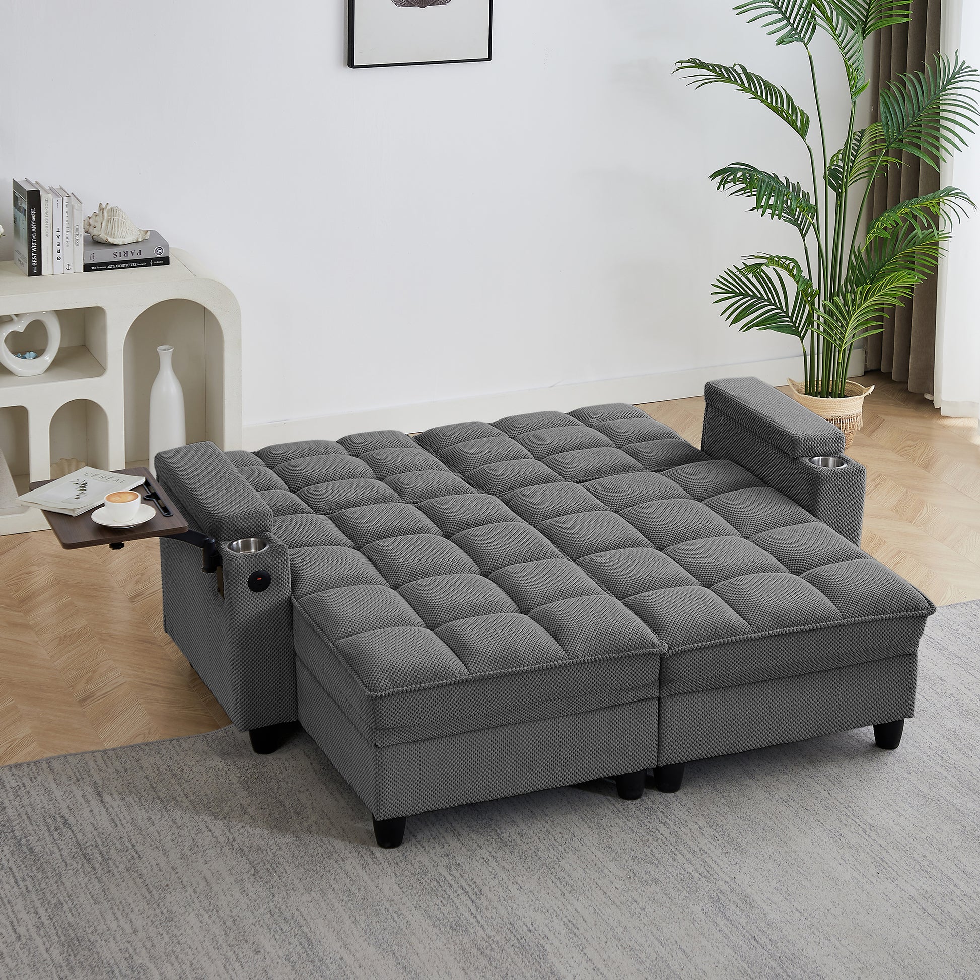 Dark Grey Sofa,Sleeper Sofa Bed with 6-Position Adjustable Backrest,USB Ports, Cup Holder and Swivel Side Table image 4