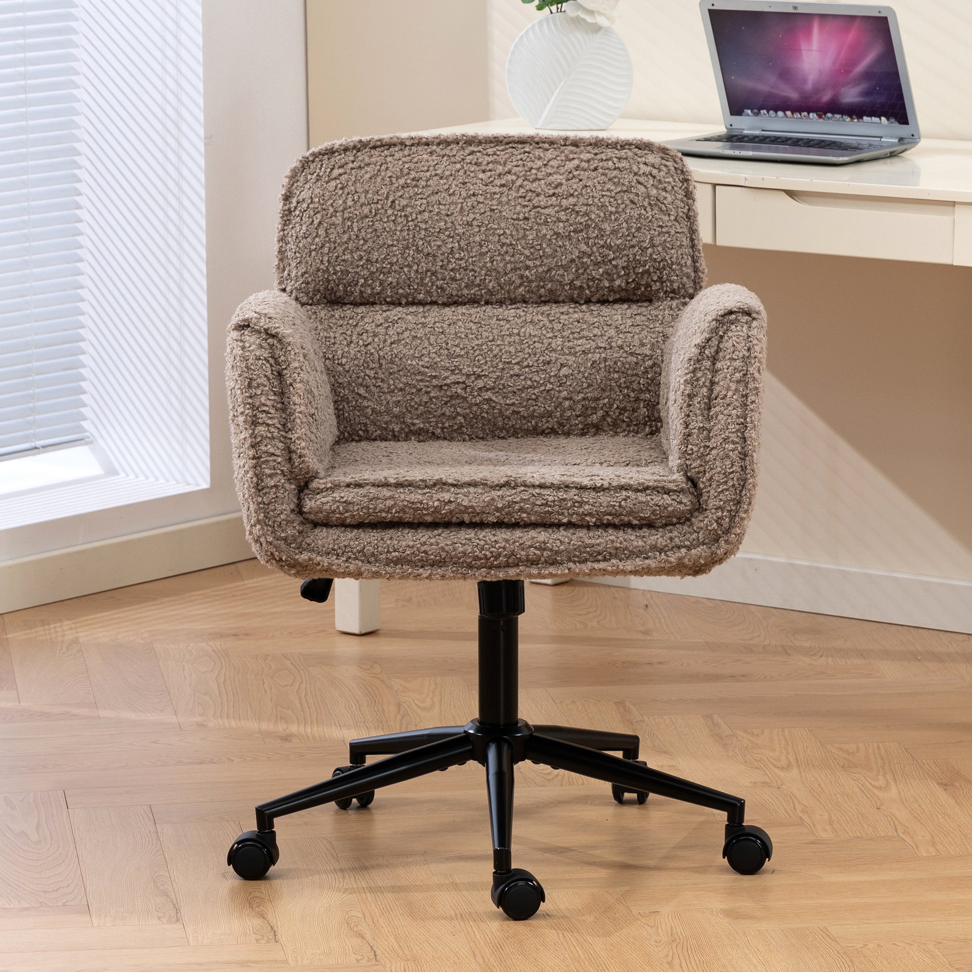Criss Cross Chair with 5-Gear Adjustable Armrests & Wheels, Ergonomic Thickened Backrest Swivel Desk Chair for Home Office, Vanity, Bedroom and Living Room,brown Teddy fleece image 9