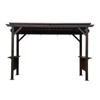 6.5x12FT Hardtop Grill Gazebo, Outdoor BBQ Gazebo with 2 Side Shelves and Sloping Galvanized Steel Roof, Metal Permanent Grill Canopy with Ceiling Hooks for Patio, Lawn, Backyard, Deck, Brown image 1