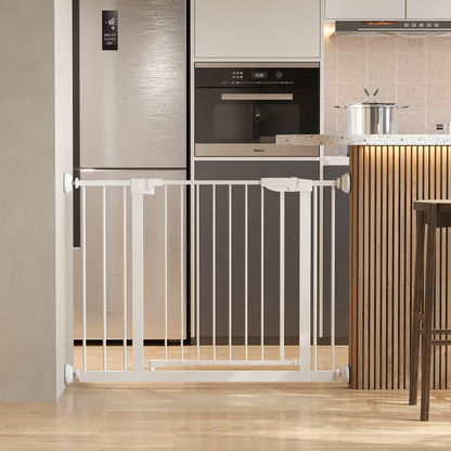 29.5-45.3" Wide Baby Gate with wall protector for Stairs, Dog Gate Indoor for Doorways, No Drilling Pressure Mounted Pet Gates for Kids, Easy Walk Through Safety Gate, White image 10
