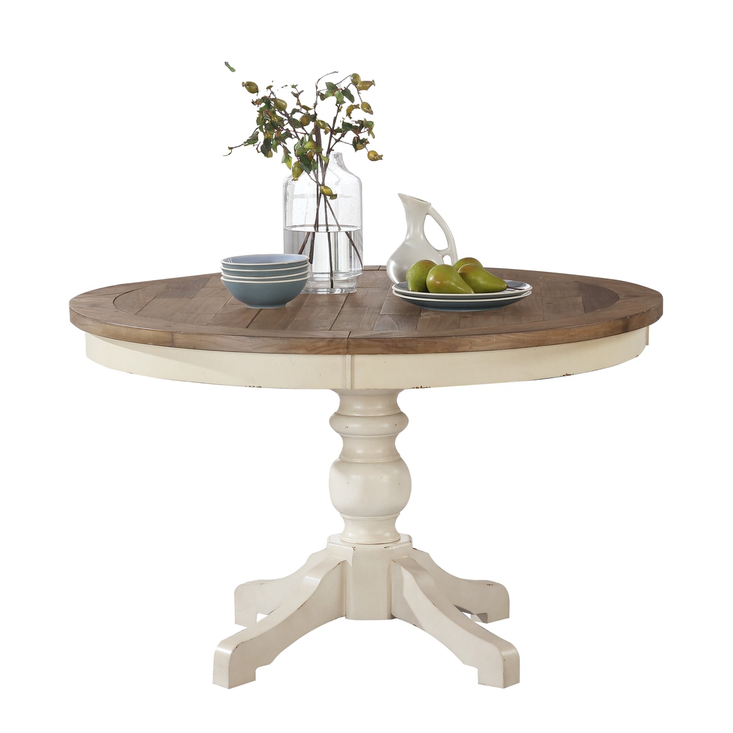 Prato Round Antique White and Distressed Oak Two-tone Finish Wood Dining Table image 7