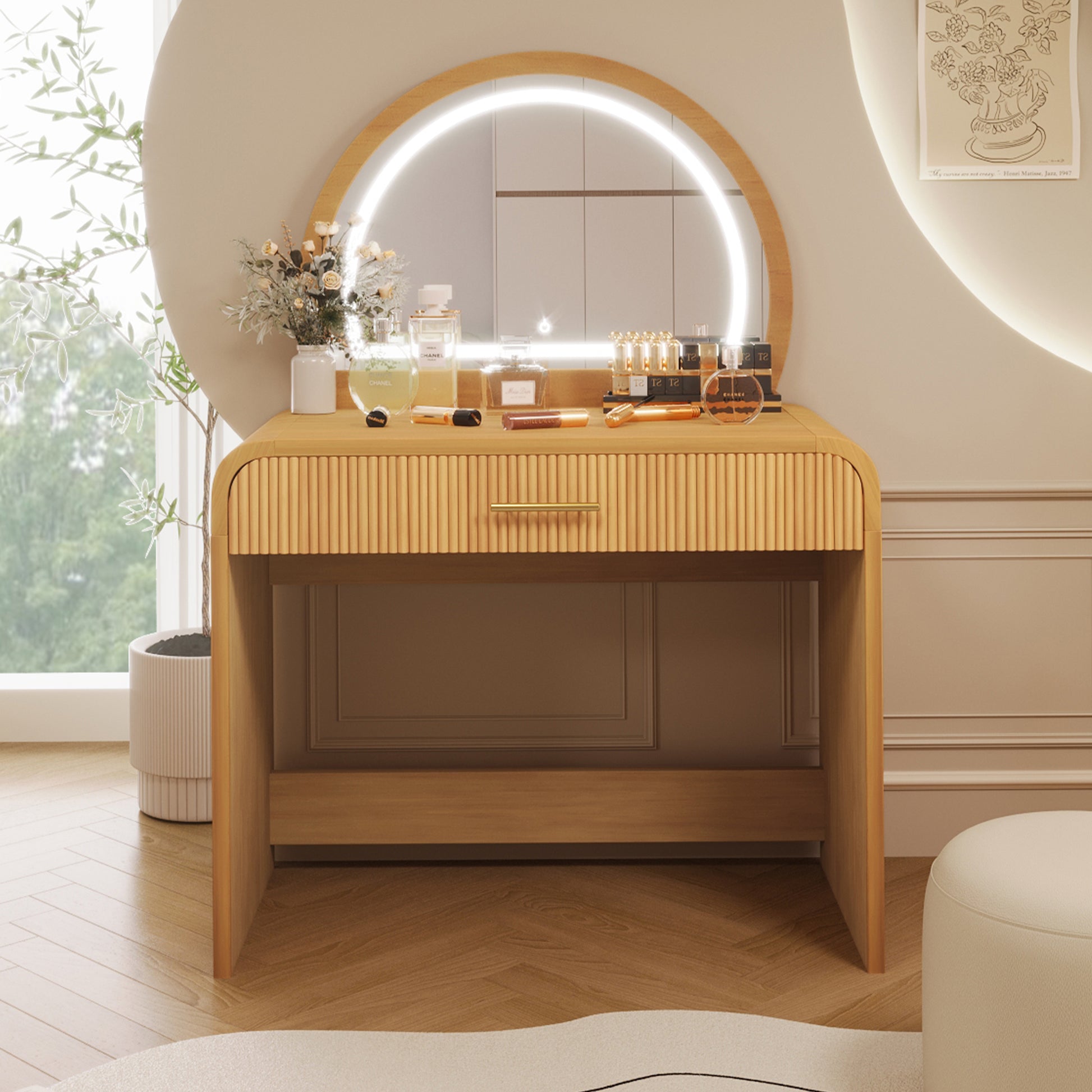 39" Makeup Vanity Table with Mirror Touch Screen Lighted Mirror, Dressing Table with Drawer for Bedroom, Natural image 2