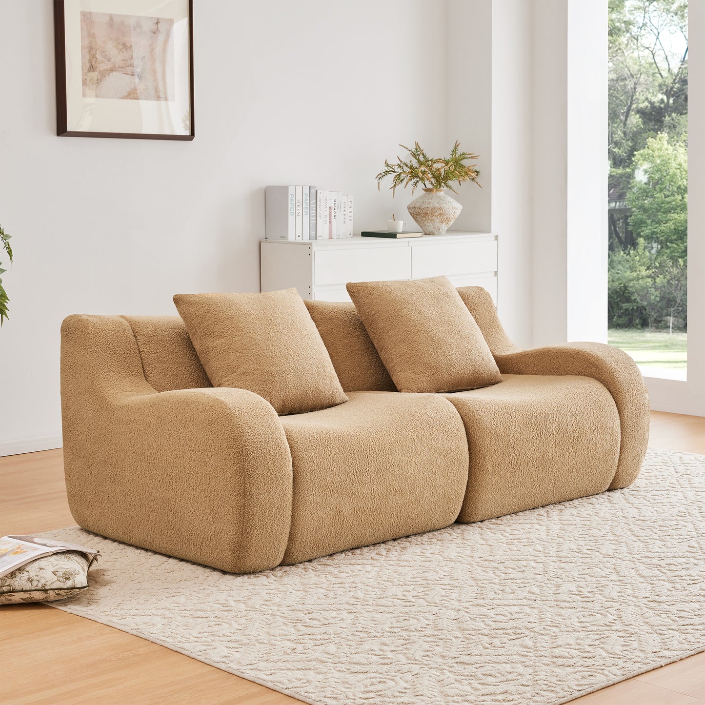 Soft Teddy Fabric Boneless Sofa,No Assembly Required Streamlined Design,Anti-Slip Design 32D High Density Sponge Fits Living Rooms Bedrooms,Camel image 1