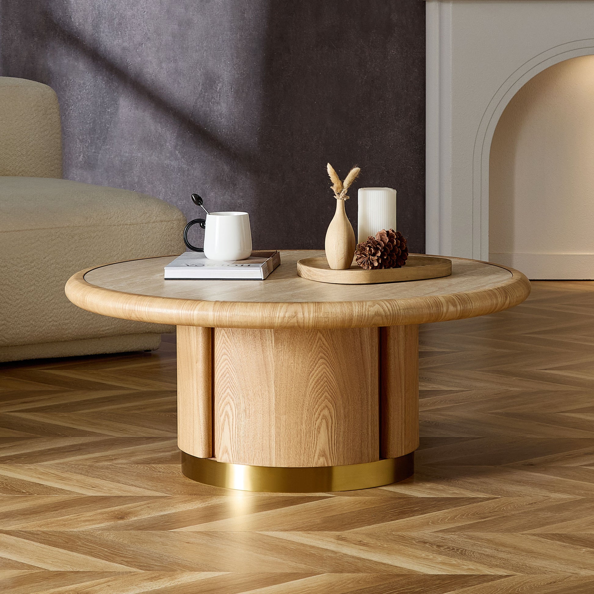 35.43 inch Round Coffee Table, Table with Sturdy MDF Pedestal with Brushed Stainless Steel,Sintered Stone Tabletop Table,Rounded Sofa Side Table for living Room,Office image 1