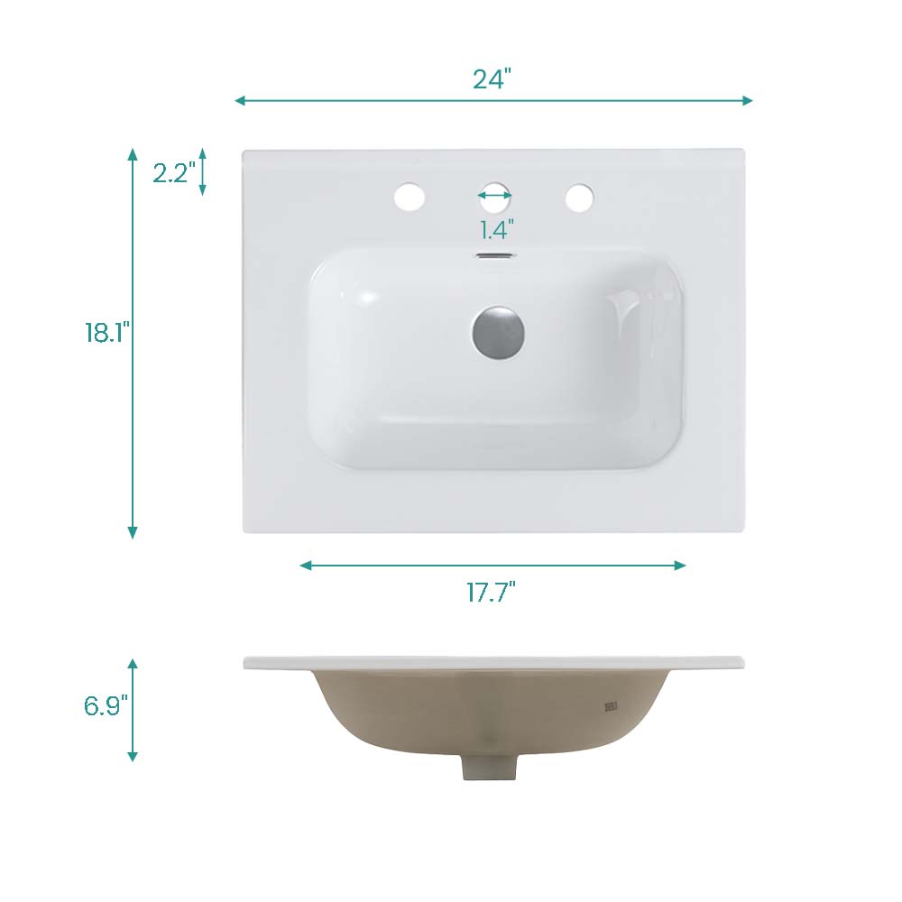 BB0924Y331, Integrated white ceramic basin with three predrilled faucet holes, drain assembly NOT included image 10