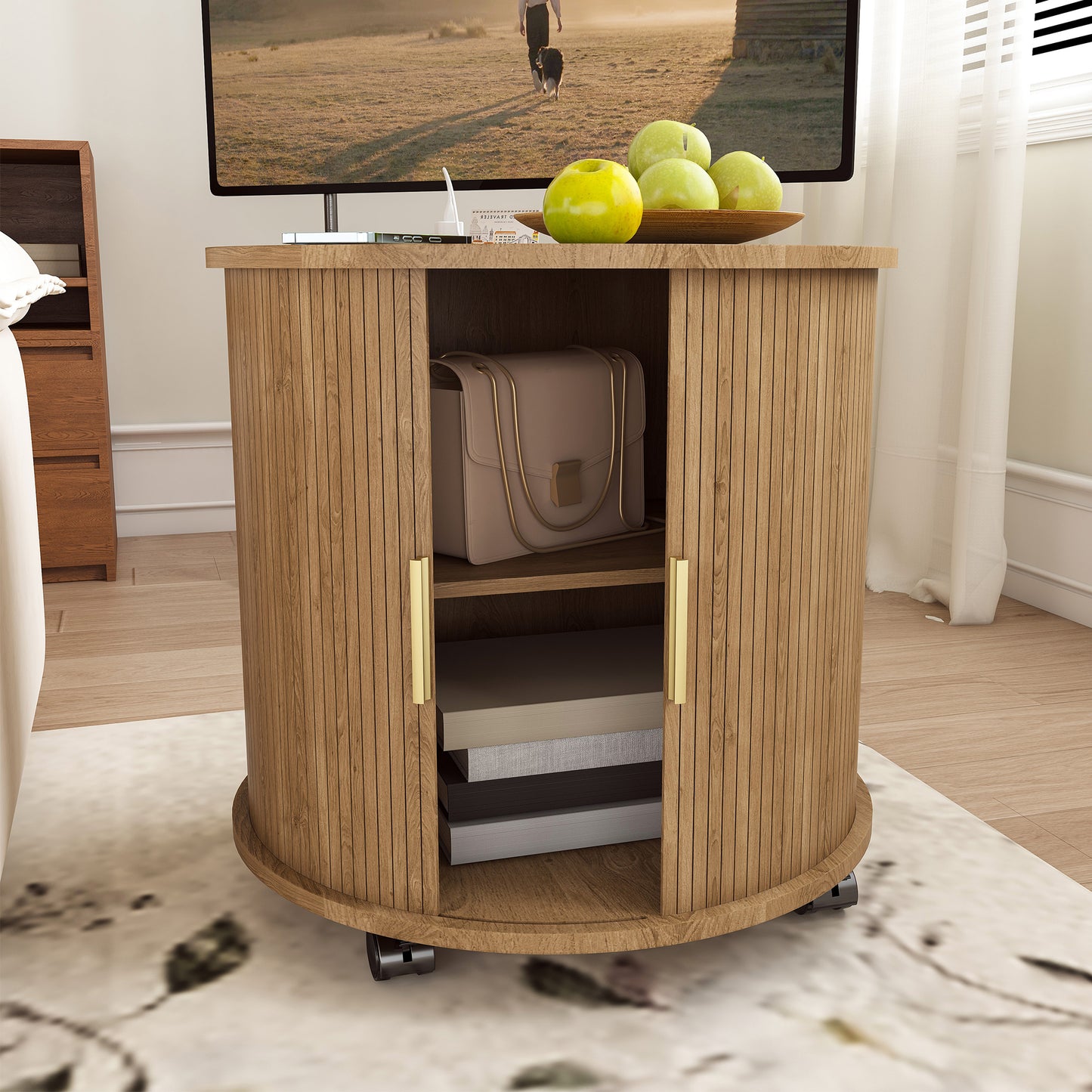 Set of2 Mid Century Modern Cylinder End Table with Built-in Charging Station & Sliding Door, 2-Tier Storage Round Nightstand with USB Ports, Osk Bedside Table for Living Room, Bedroom, Entryway image 8