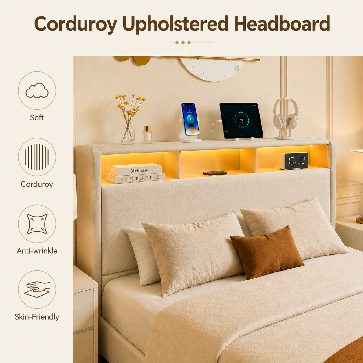 Full-size upholstered bed with drawers, featuring an upholstered storage headboard, heavy metal crossbar support, LED and USB charging, silent design, beige (mattress not included) image 6