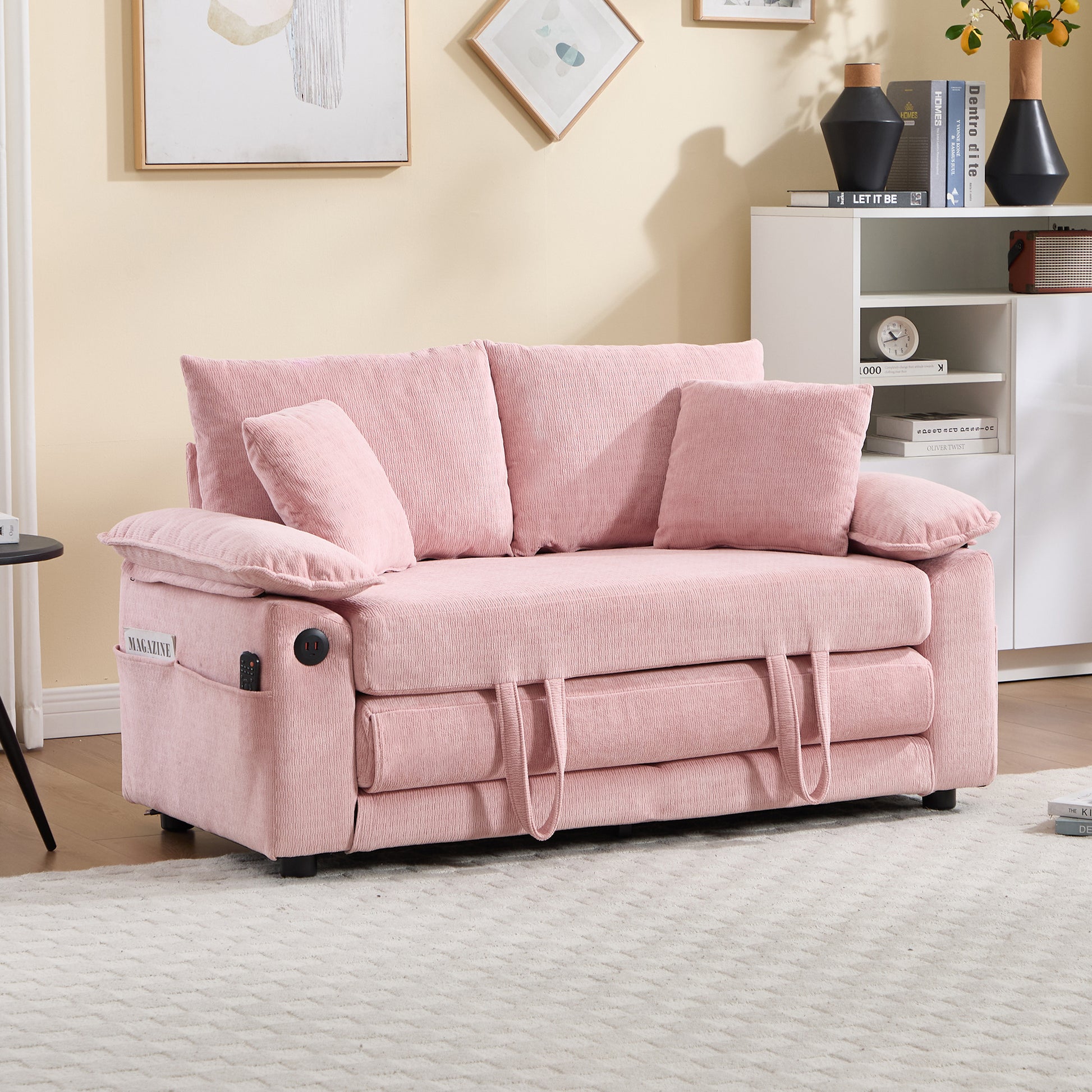 58 inch 3-in-1 Upholstered Futon Sofa Convertible Floor Sofa bed,Foldable Tufted Loveseat with Pull Out Sleeper Couch Bed,Folding Mattres Love Seat Daybed W/Side Pockets for Living Room Pink image 5