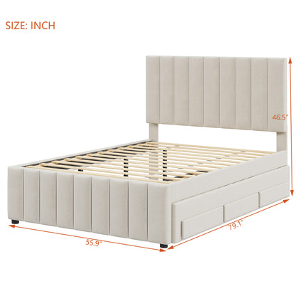 Full Size Upholstered Platform Bed with Twin Size Trundle and 3 Drawers, Linen Fabric, Beige image 6