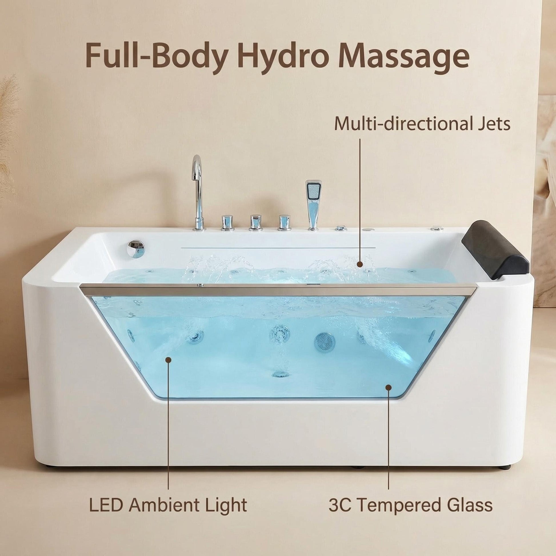 67" Whirlpool Bathtub,Hydrotherapy Jetted Bathtub with Glass Panel, 7 Jets,3-Side Apron,89 Gallons,White image 7