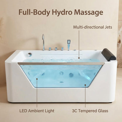 67" Whirlpool Bathtub,Hydrotherapy Jetted Bathtub with Glass Panel, 7 Jets,3-Side Apron,89 Gallons,White image 7