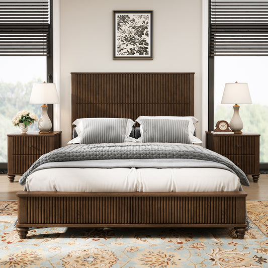 Solid Wood Bed Frame,Queen Platform Bed Frame with Headboard,Tall Headboard Natural Wood Bed,No Box Spring Needed,Walnut image 1
