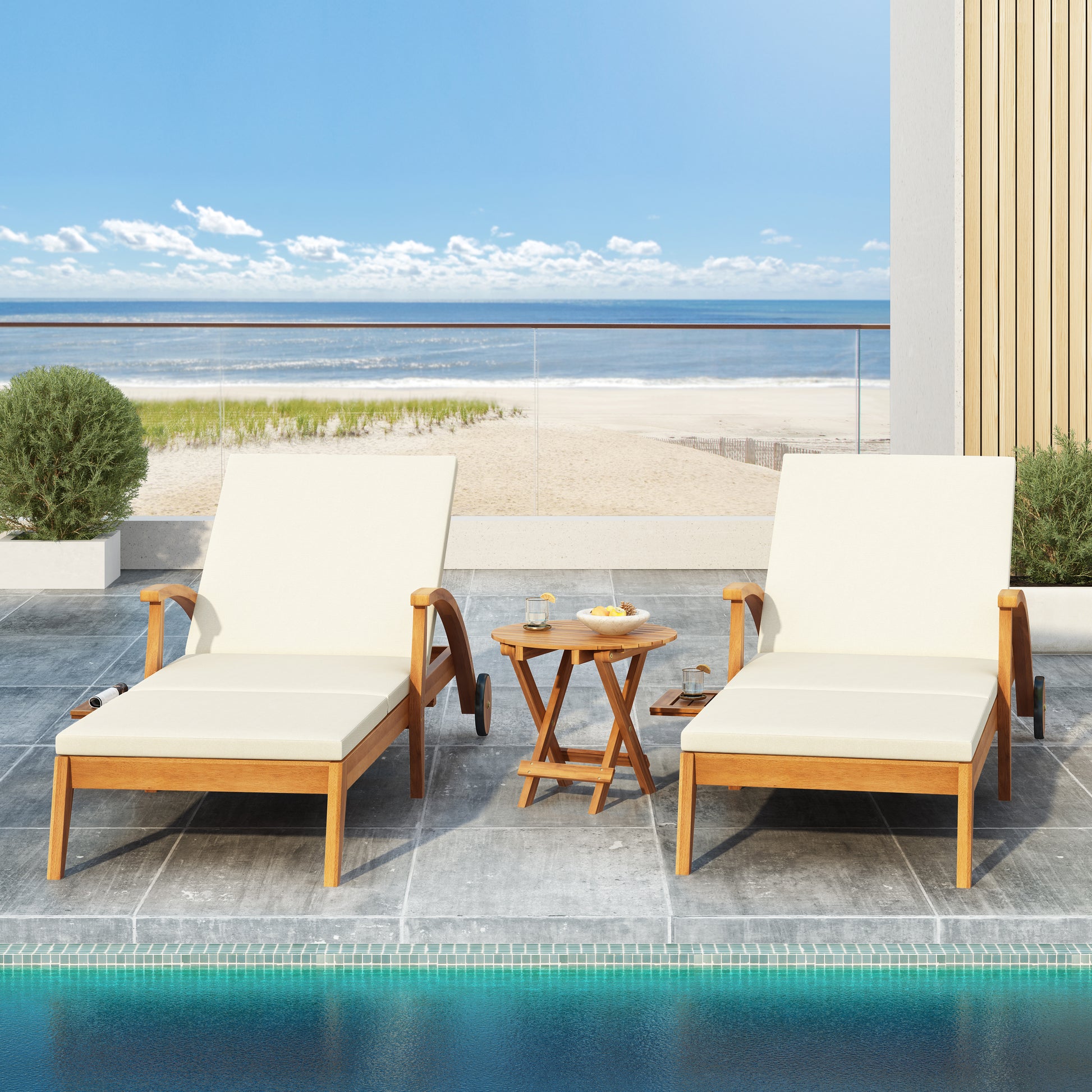 CHAISE LOUNGE WITH WHEEL - ACACIA WOOD RECLINER FOR PATIO/GARDEN, WITH 2INCH WHITE CUSHION, 4-POSITION ADJUSTABLE BACKREST, VERSATILE OUTDOOR FURNITURE (Only 1 SET: 1 frame+ 1 Cushion) image 4