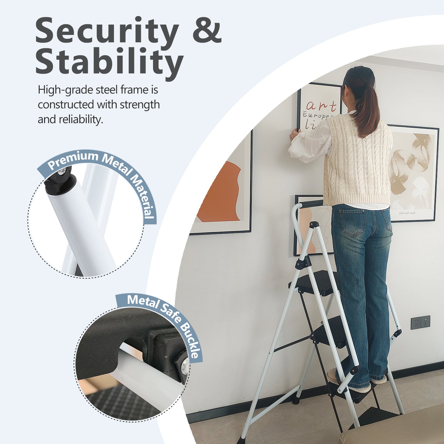 ladder, folding ladder stool, with anti slip wide pedals, steel ladder, with safety anti slip handle, lightweight 330 pound portable steel ladder stool in White 5 steps image 6