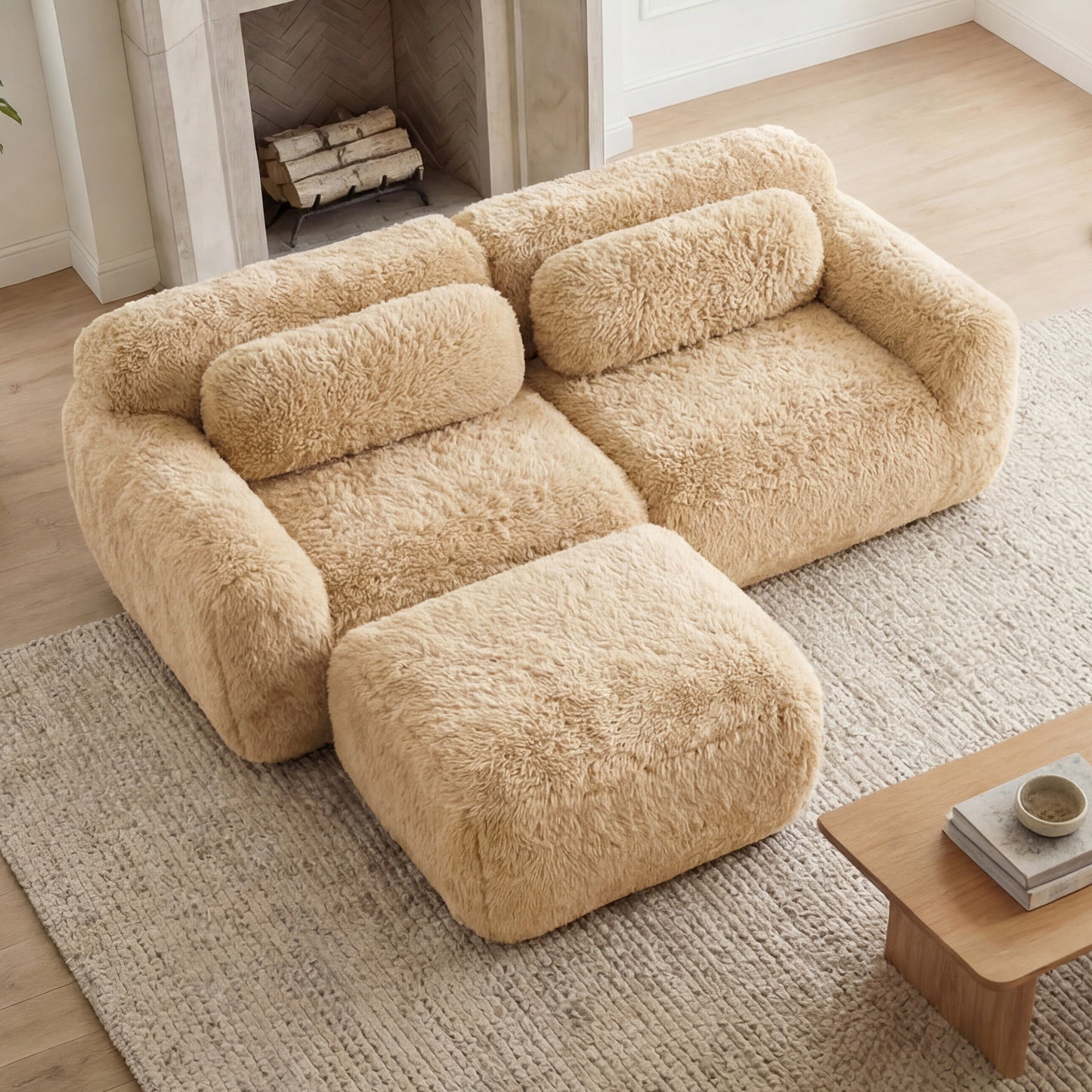 L-shaped Boneless Sofa,Soft Fluffy Plush Fabric,With Chaise 32D High Density Sponge,No Assembly Required,Ergonomic Design Bottom Anti-Slip Design,With Throw Pillows,Fits Bedrooms,Light Khaki image 2