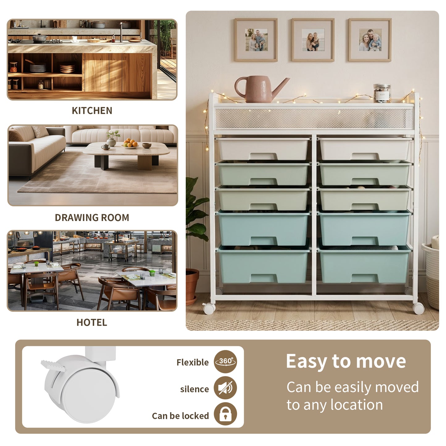 White Large Capacity 2-Row 10-Drawer Rolling Storage Cart, Metal Mesh Top Utility Organizer with Wheels, Multi-Layer Plastic Drawers for Kitchen, Bathroom, Bedroom, Office image 7