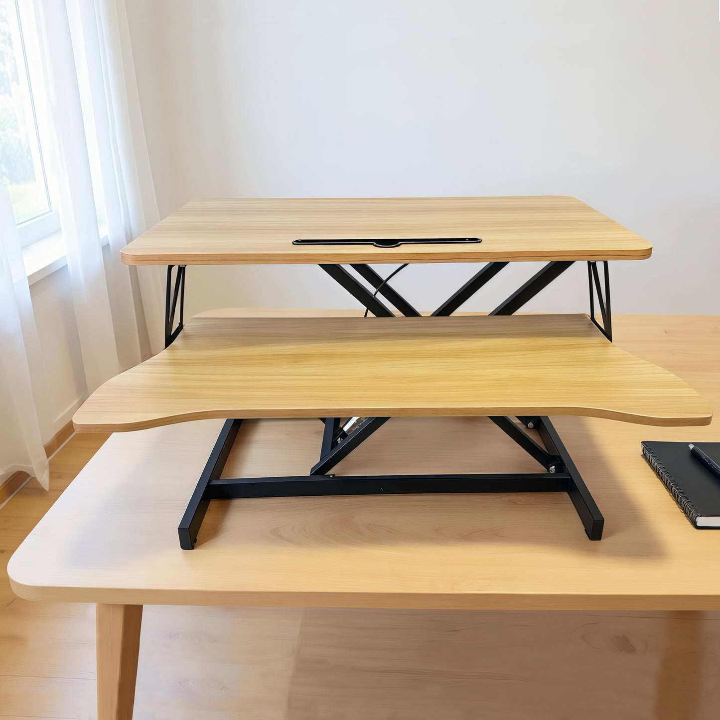 32 Inch Desk Converter, Height Adjustable Sit to Stand Riser, Dual Monitor and Laptop Workstation with Wide Keyboard Tray, Standing Computer Desk, Natural Color image 7